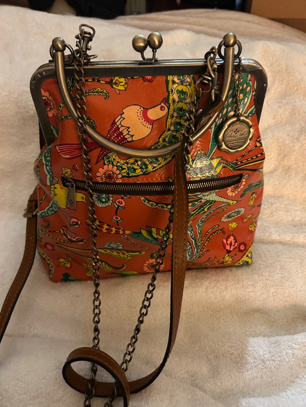 Patricia Nash Orange Floral birds of paradise kiss lock/crossbody